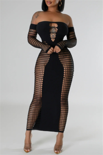Sexy Backless Off Shoulder Long Sleeve Hollow Out See-Through Mesh Long Party Evening Bodycon Maxi Dresses