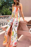 Sexy Floral Print Strapless Sleeveless Lace Up Bow Trim Front Slit Vacation Tube Maxi Dresses