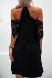 Cold Shoulder Lace Short Sleeve Metal Ring Decor Neck Hollow Out Vacation Halter A Line Mini Dress