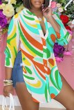 Casual Graphics Print Long Sleeve Turndown Collar Side Slit Irregular Hem Blouse Shirt Tops