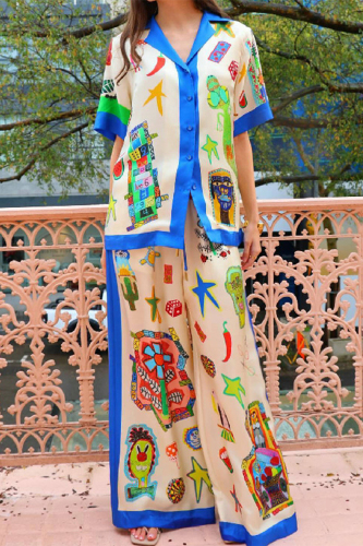 Casual Street Graffiti Print Turndown Collar Short Sleeve Shirt And Wide Leg Pants Vacation Two Pieces Tourser Sets