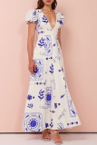 Casual Leaf Print V Neck Short Sleeve Pockets Vacation A Line Swing Maxi Dress