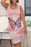 Casual Butterfly Print Flowers Gradient Color U Neck Sleeveless Bodycon Midi Tank Dresses