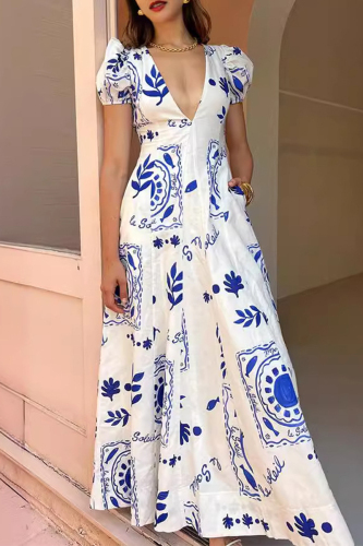 Casual Leaf Print V Neck Short Sleeve Pockets Vacation A Line Swing Maxi Dress