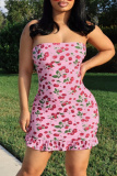 Sexy Fruit Print Backless Strapless Ruffle Hem Wrapped Skirt Tube Bodycon Mini Dresses