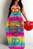 Casual Rainbow Color Print Backless Sleeveless Spaghetti Strap Long Vacation Floor Length Baggy Slip Maxi Dresses