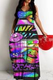 Casual Rainbow Color Print Backless Sleeveless Spaghetti Strap Long Vacation Floor Length Baggy Slip Maxi Dresses
