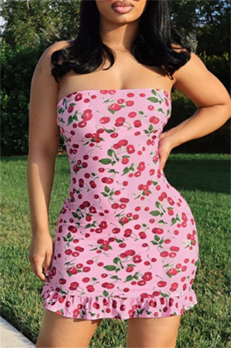 Sexy Fruit Print Backless Strapless Ruffle Hem Wrapped Skirt Tube Bodycon Mini Dresses