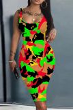 Casual Camouflage Print U Neck Sleeveless Vacation Bodycon Midi Tank Dress
