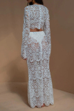 Sexy Lace Floral Print O Neck Long Sleeve Hollow Out Crop Tops And Mermaid Hem Maxi Skirts Beach Vacation Two Pieces Dress Sets