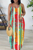 Casual Graphics Print Backless Sleeveless Spaghetti Strap Floor Length Long Vacation Baggy Slip Maxi Dresses
