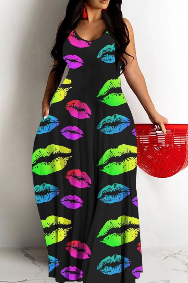 Casual Rainbow Color Print Backless Sleeveless Spaghetti Strap Long Vacation Floor Length Baggy Slip Maxi Dresses