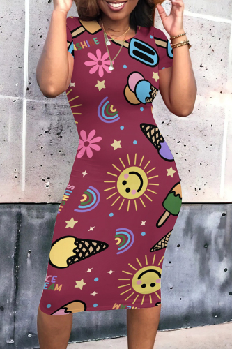 Casual Cartoon Print O Neck Short Sleeve Bodycon T-shirt Midi Dress