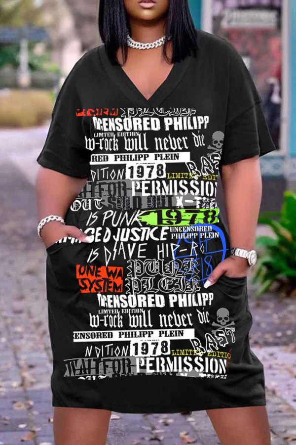 Casual Graphics Print Basic V Neck Short Sleeve Baggy T-shirt Midi Dress