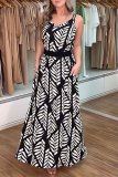 Casual Leaf Print Backless Sleeveless Spaghetti Strap Side Slit Vacation Long A Line Slip Maxi Dresses