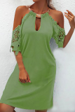 Cold Shoulder Lace Short Sleeve Metal Ring Decor Neck Hollow Out Vacation Halter A Line Mini Dress