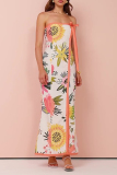 Sexy Floral Print Strapless Sleeveless Lace Up Bow Trim Front Slit Vacation Tube Maxi Dresses