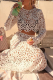 Sexy Lace Floral Print O Neck Long Sleeve Hollow Out Crop Tops And Mermaid Hem Maxi Skirts Beach Vacation Two Pieces Dress Sets