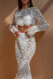 Sexy Lace Floral Print O Neck Long Sleeve Hollow Out Crop Tops And Mermaid Hem Maxi Skirts Beach Vacation Two Pieces Dress Sets