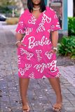 Casual Cartoon Print V Neck Short Sleeve African Baggy T Shirt Midi Dress