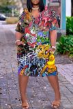 Casual Graphics Print Basic V Neck Short Sleeve Baggy T-shirt Midi Dress