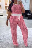 Casual Striped Print O Neck Short Sleeve Crop Tops And Straight Leg Pants Two Pieces Tourser Sets