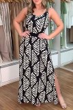 Casual Leaf Print Backless Sleeveless Spaghetti Strap Side Slit Vacation Long A Line Slip Maxi Dresses
