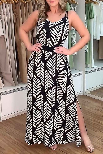 Casual Leaf Print Backless Sleeveless Spaghetti Strap Side Slit Vacation Long A Line Slip Maxi Dresses
