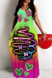 Casual Rainbow Color Print Backless Sleeveless Spaghetti Strap Long Vacation Floor Length Baggy Slip Maxi Dresses
