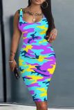 Casual Camouflage Print U Neck Sleeveless Vacation Bodycon Midi Tank Dress
