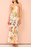 Sexy Floral Print Strapless Sleeveless Lace Up Bow Trim Front Slit Vacation Tube Maxi Dresses