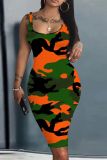 Casual Camouflage Print U Neck Sleeveless Vacation Bodycon Midi Tank Dress