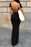 Casual Backless Short Sleeve Cross Straps U Neck Long Vacation Bodycon Maxi Dresses