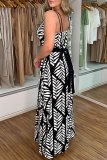 Casual Leaf Print Backless Sleeveless Spaghetti Strap Side Slit Vacation Long A Line Slip Maxi Dresses