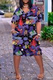 Casual Graphics Print Basic V Neck Short Sleeve Baggy T-shirt Midi Dress