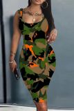 Casual Camouflage Print U Neck Sleeveless Vacation Bodycon Midi Tank Dress