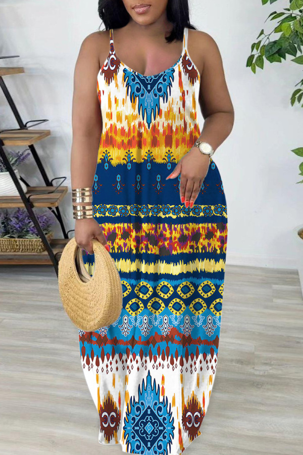 Casual Graphics Print Backless Sleeveless Spaghetti Strap Floor Length Long Vacation Baggy Slip Maxi Dresses