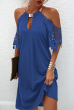 Cold Shoulder Lace Short Sleeve Metal Ring Decor Neck Hollow Out Vacation Halter A Line Mini Dress
