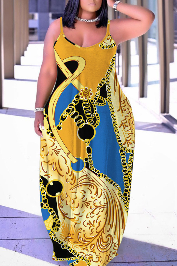 Casual Graphics Print Backless Spaghetti Strap Long Floor Length Vacation Baggy Slip Maxi Dresses