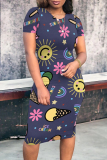 Casual Cartoon Print O Neck Short Sleeve Bodycon T-shirt Midi Dress