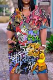 Casual Graphics Print Basic V Neck Short Sleeve Baggy T-shirt Midi Dress