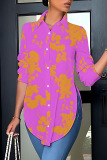 Casual Graphics Print Long Sleeve Turndown Collar Side Slit Irregular Hem Blouse