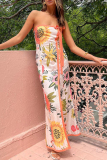 Sexy Floral Print Strapless Sleeveless Lace Up Bow Trim Front Slit Vacation Tube Maxi Dresses