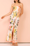 Sexy Floral Print Strapless Sleeveless Lace Up Bow Trim Front Slit Vacation Tube Maxi Dresses