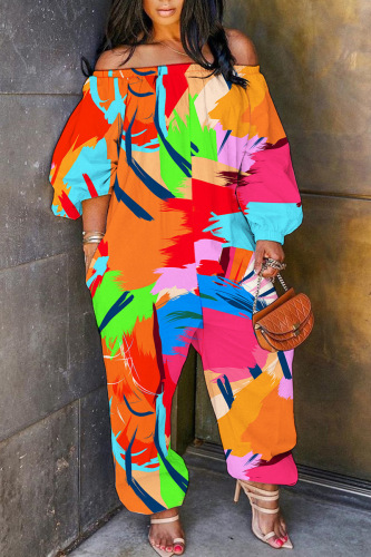 Casual Rainbow Color Print Off Shoulder Long Sleeve Pockets Harem Jumpsuits