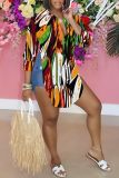 Casual Graphics Print Long Sleeve Turndown Collar Side Slit Irregular Hem Blouse Shirt Tops