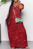Casual Sequins O Neck Short Sleeve Floor Length Baggy Vacation Straight T Shirt Shimmer Maxi Dress