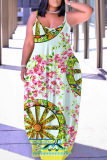 Casual Graphics Print Backless Spaghetti Strap Long Floor Length Vacation Baggy Slip Maxi Dresses