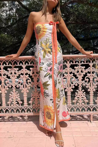 Sexy Floral Print Strapless Sleeveless Lace Up Bow Trim Front Slit Vacation Tube Maxi Dresses