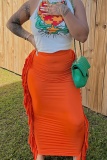 Casual Graphics Print Backless Halter Sleeveless Fringed Trim Lace Up Tank Tops And Maxi Skirts Vacation Two Pieces Dress Sets